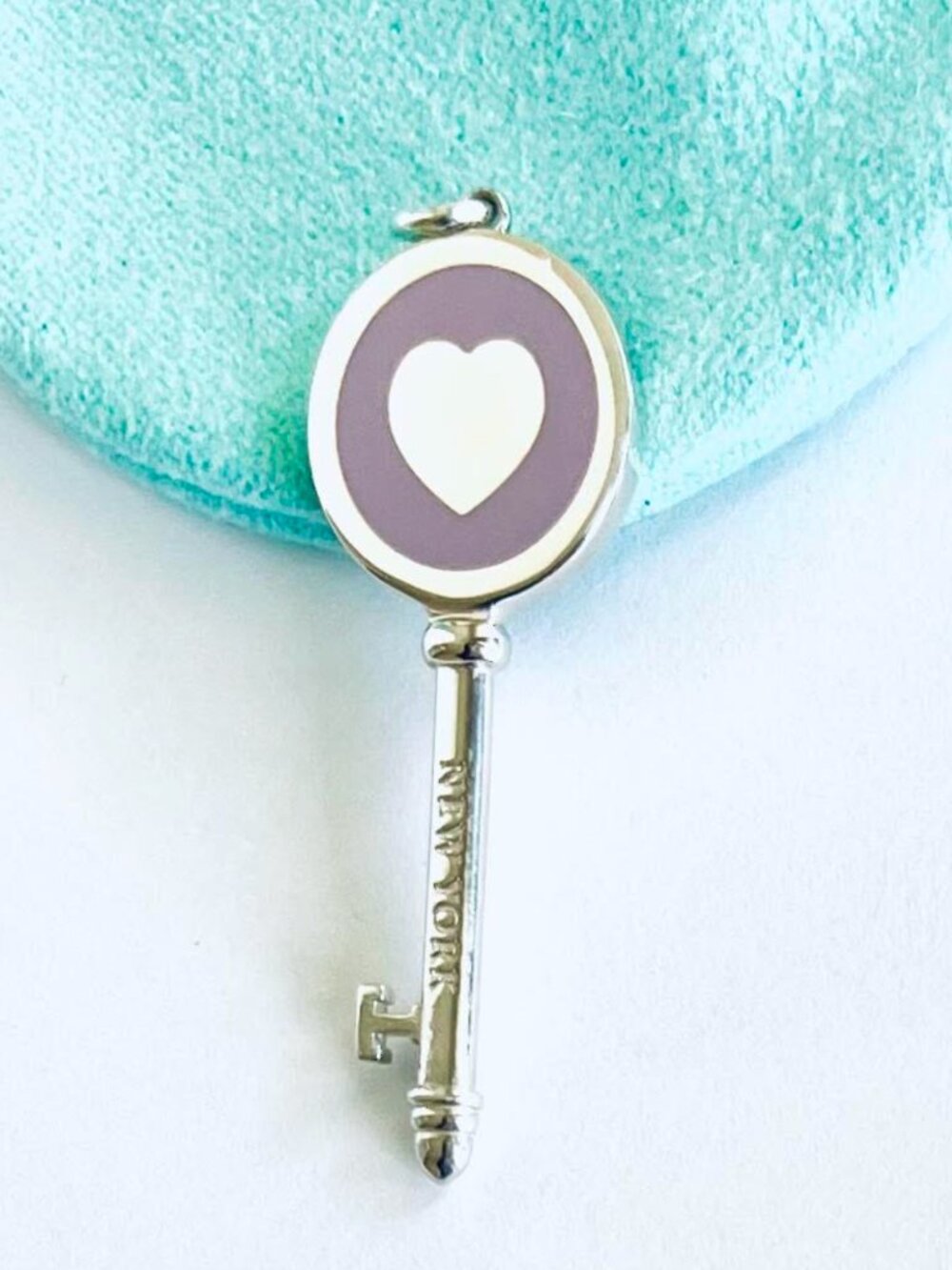 Tiffany & Co. Lavender Purple Enamel Heart Silver Tiffany Keys Pendant Charm